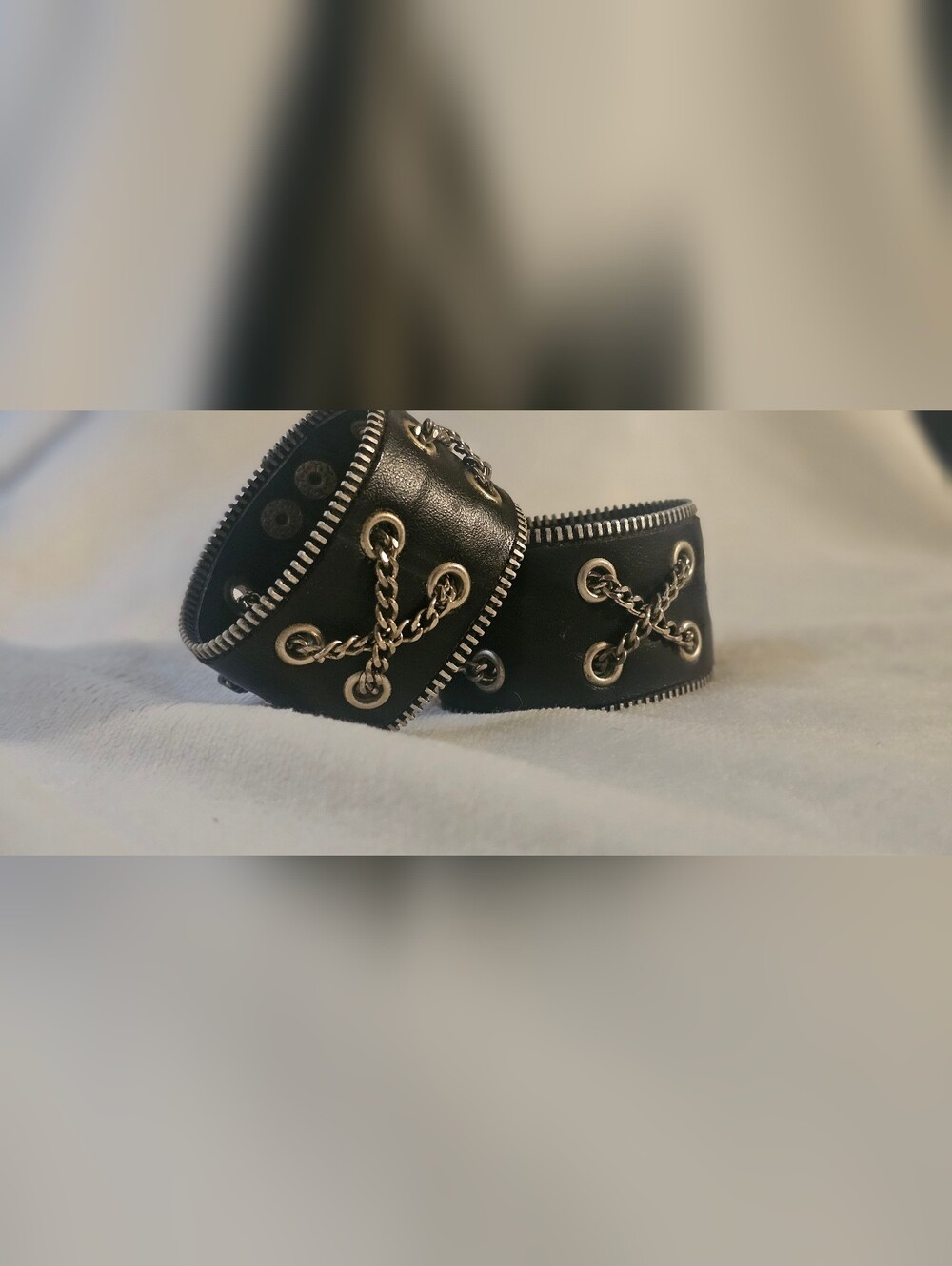 Faux Black Leather Chain Accent Snap Cuff Bracelet-Set Of 2